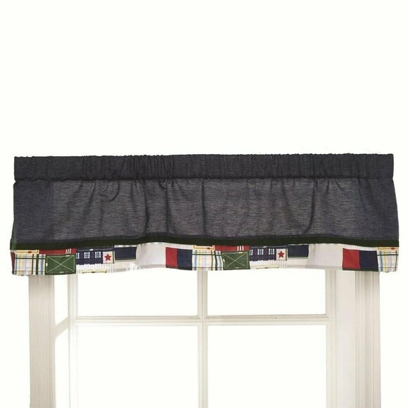 Kids Line 3 Panel Set Oxford Bear Window Valance Blue Patchwork Plaid Border - Picture 3 of 3